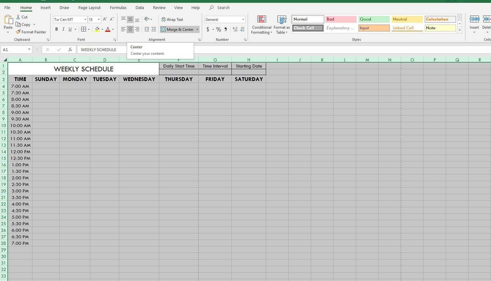 Скриншот центрированных ячеек