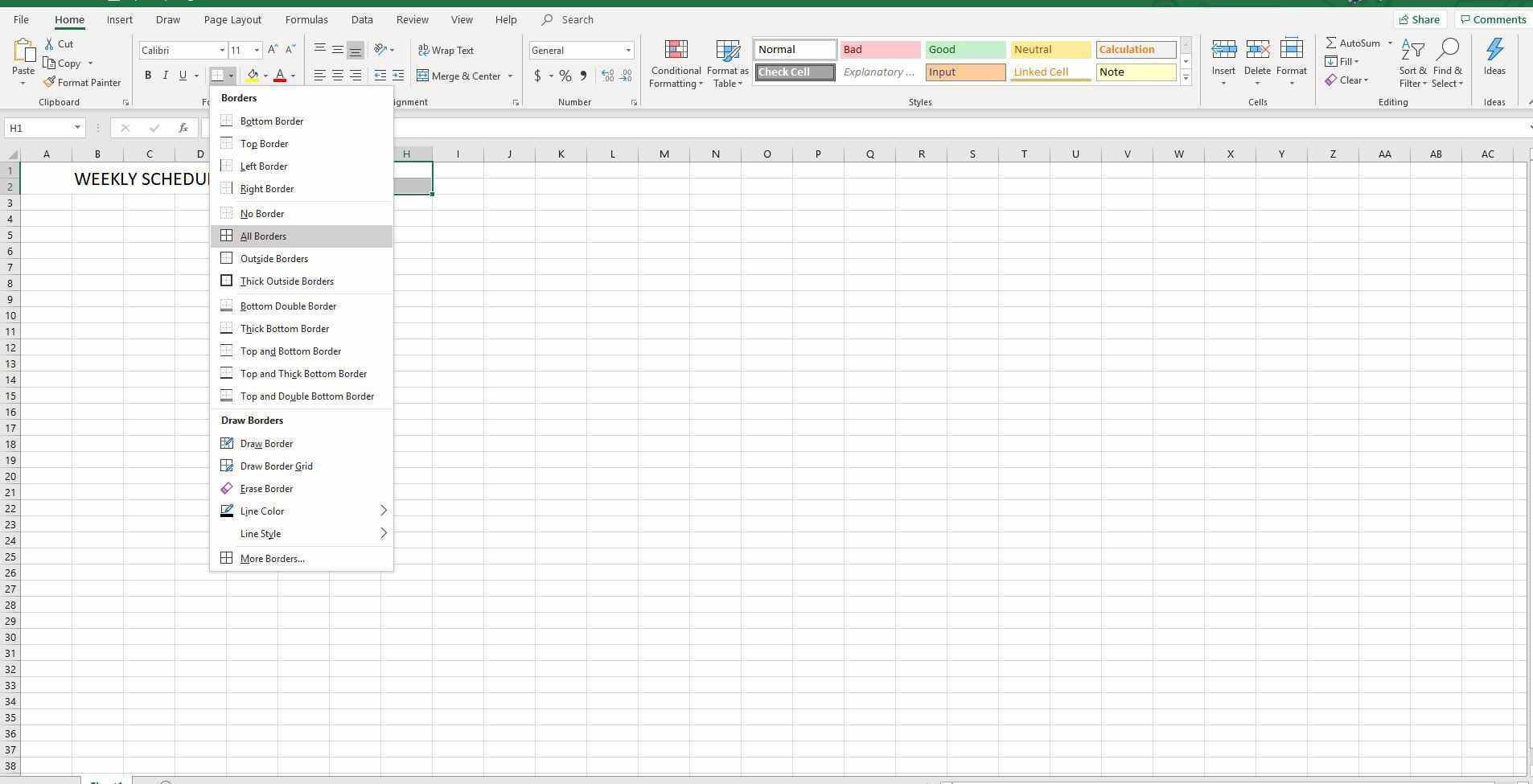 Снимок экрана раскрывающегося меню границы
