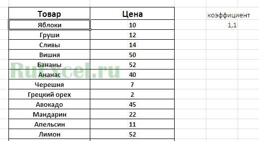 коэффициент умножения по столбцам