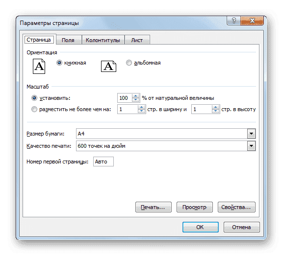 Окно настройки страницы в Microsoft Excel