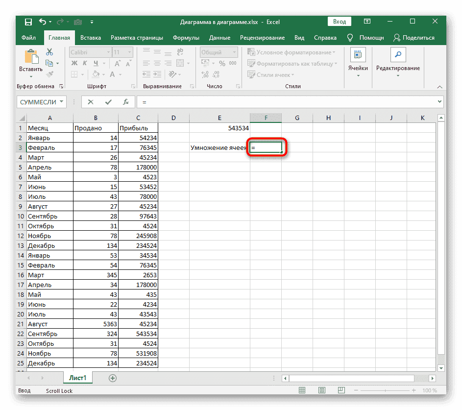 Начните создавать формулу для умножения ячейки на ячейку в Excel