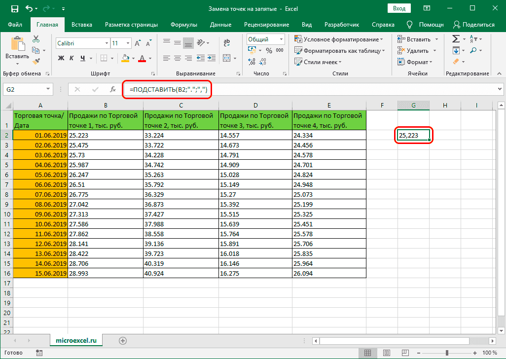 Результат функции ПОДСТАВИТЬ в ячейке таблицы Excel