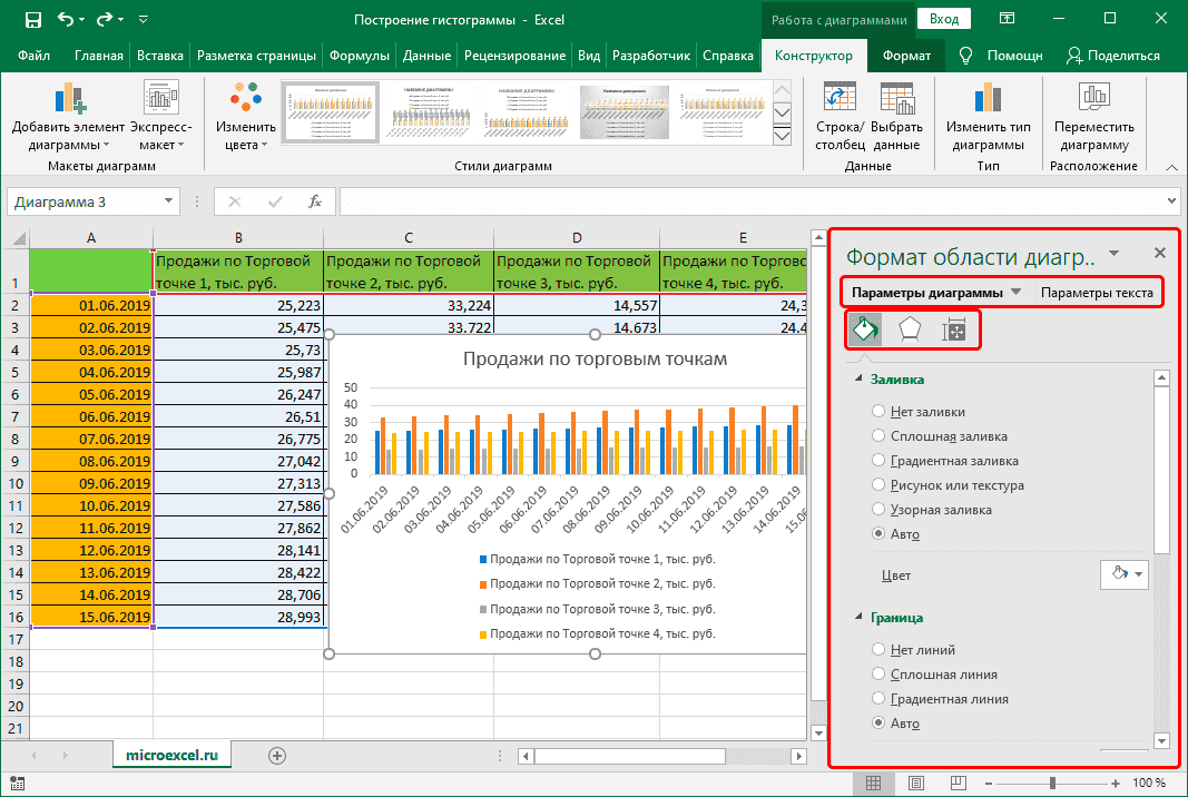 Форматирование диаграммы с областями в Excel