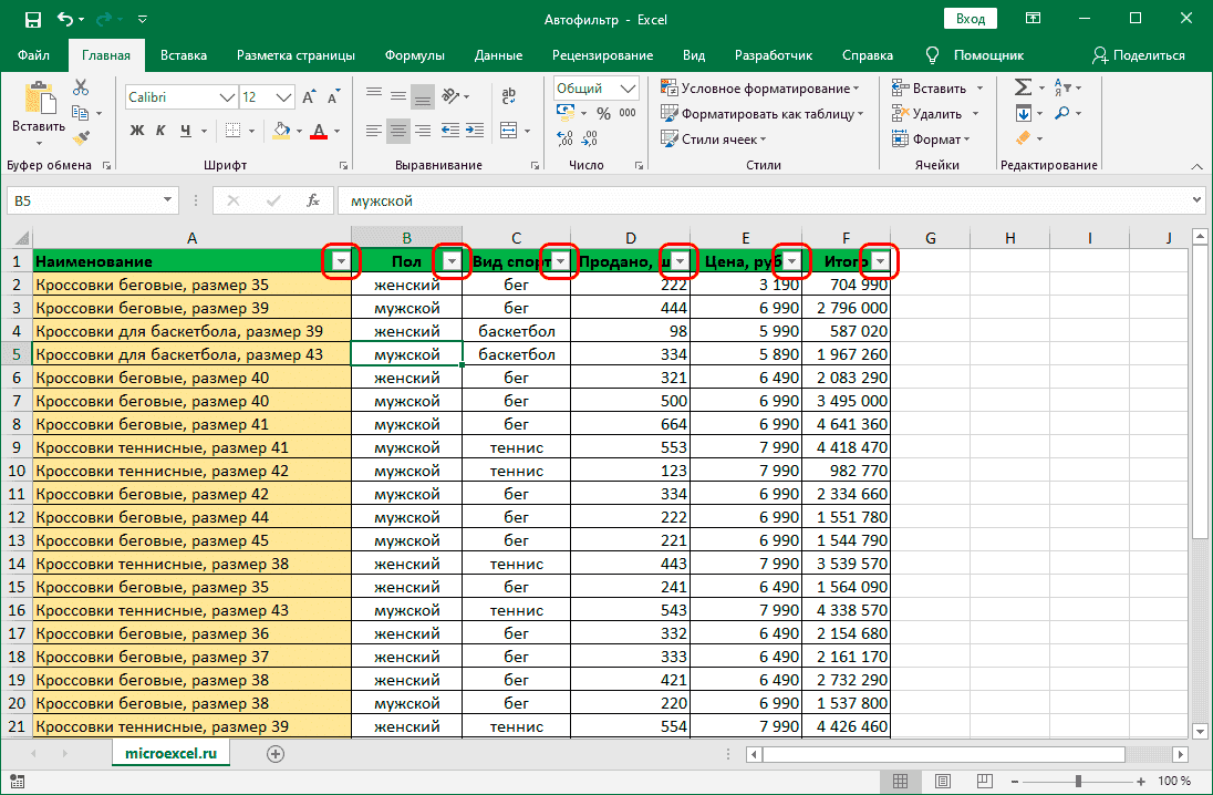 Таблица Excel с включенным фильтром