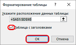 Указание координат для создания смарт-таблицы в Excel