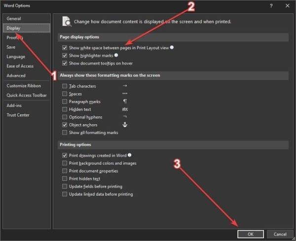 В Word отсутствуют верхнее и нижнее поля