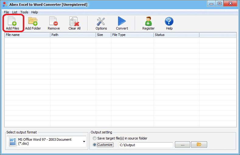 Добавление файла в Abex Excel to Word Converter